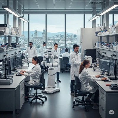 Top-tier, very well-equipped laboratory in Zurich, Switzerland, featuring scientists and a robotic device with a slender cylindrical torso, two arms without hands but with unique functional structures, a glass vision area on its head, and a specialized lower section that enables locomotion without legs. The team investigates human mitochondria and longevity, with one scientist holding a distinctive plastic bag for a specialized task, overlooking the cityscape including the Grossmünster and mountains in the background, while exploring strategies to optimize mitochondrial function and promote overall health and lifespan.