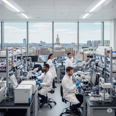 Technologically advanced laboratory with an exceptional view of Harvard University, Cambridge, USA, featuring scientists and robotic devices studying how heavy metals alter human DNA and contribute to brain damage.