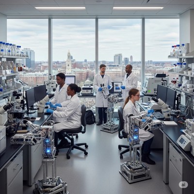 Ultra-modern lab where scientists and robots work on cutting-edge discoveries in the science of human eternal life, featuring a stunning view of Harvard University, in Cambridge, USA.