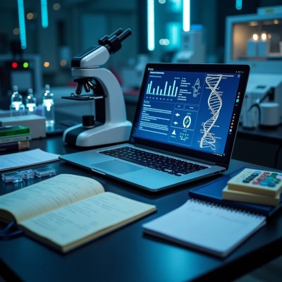 Laptop displaying human DNA sequences, scientific graphs, and data, surrounded by a microscope, spiral notebook, scientific book, and laboratory tools, illustrating how to protect and support your DNA with healthy habits.