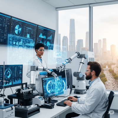 State-of-the-art laboratory in Guangzhou, China, with robotic devices, holograms, and LED screens displaying scientific data, as a scientist works on a laptop, overlooking a spectacular cityscape, reflecting balance as key to future-proofing your body.