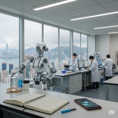 Highly advanced laboratory in Hong Kong, China, with robot managing equipment near smartphone, spiral notebook, and lab pen, as scientists study quantum effects on brain health.