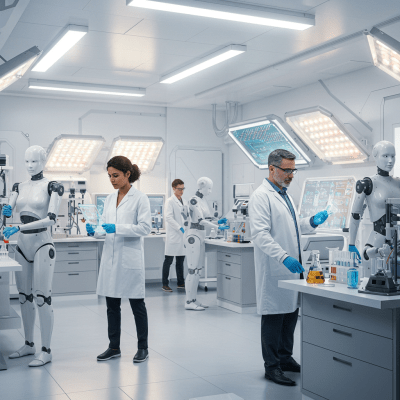 Scientists and robots working in a highly advanced, fully equipped laboratory, reflecting the challenges and progress in integrating AI and robotics into very modern scientific research.