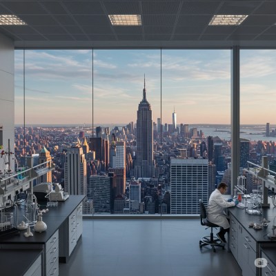 Scientist wearing gloves in a highly modern, fully equipped laboratory conducting research on mental health, stress, gene activation, and epigenetic balance, with a breathtaking panoramic view of New York City’s iconic skyline, USA.