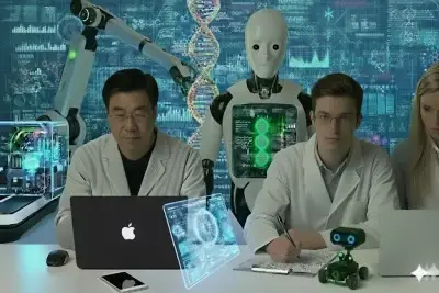 Top-tier and fully equipped laboratory featuring ultramodern robotic devices and a robot, where three scientists are working in the field of human DNA and human genetics research. At the front bench to the left, one scientist is focused on using a high-performance laptop. Nearby, another scientist prepares to write notes on a clipboard placed on the bench, carefully considering what to jot down. A third scientist is reviewing the notes already written on the paper beside her. This high-tech environment is dominated by a futuristic robot positioned behind the scientists. Its integrated electronic panel displays a vertical 3D model of human DNA in vibrant colors, with the helices glowing green. The panel provides vital scientific data on human genetics, simplified into graphs and signals for easier interpretation by the researchers. On the same bench, an inclined hologram presents a set of crucial scientific data, accompanied by a turned-off cellphone and a mobile robotic device. The robotic device emits green and blue lights, indicating its operational status and advanced capabilities. Its automated behavior is both precise and highly efficient, playing a pivotal role in specific experimental tasks. At a lateral bench in the background, another innovative robotic device stands, emitting a shifting array of purple, green, and blue lights. This device excels at performing specialized laboratory tasks with extraordinary efficiency and precision, particularly when handling tasks that demand meticulous attention to detail—such as manipulating human DNA, analyzing human genetic material, and identifying potential human genetic anomalies or treatments. Adjacent to it, a large robotic apparatus equipped with a high-precision robotic arm performs delicate and exacting laboratory tasks. The robotic arm is illuminated by green lights at its extremities, signaling its precision. Behind this device, a massive LED screen displays vital scientific data related to human DNA and genetic research, including complex graphs and chemical reactions between molecules directly tied to human genetics and their links to health, time, and disease. At the center of the screen, a detailed 3D vertical human DNA model in different colors reveals human genetic codes expressed in multiple forms and complexities. This model highlights the links between human genetics and various human diseases—ranging from rare and unknown conditions to hereditary and fatal diseases, all influenced by human genetic factors. This screen also features numerous computational codes of varying complexity, all directly related to the robot's real-time operations. Highly advanced technologies enable the robot to rapidly interpret and analyze these complex datasets, processing and responding at extraordinary speeds. This allows for groundbreaking scientific breakthroughs that could have profound implications for global medicine. Programmed to perform these and other highly advanced laboratory functions, this robot is capable of analyzing vast amounts of data with incredible precision and efficiency, facilitating discoveries that could transform modern medicine. Such highly advanced research holds the potential for significant future breakthroughs, including the possibility of human physical immortality, even in the distant future, as predicted by some renowned scientists who believe it may be possible in the near future. This could be realized through collaborations across laboratories specializing in fields like human gene editing, human genetic engineering, biotechnology, human organ cloning, nanomedicine, and artificial organ manufacturing. This laboratory not only represents the convergence of human DNA and human genetics research with robotic medicine, including robotic devices and a robot, but also exemplifies the limitless potential of technology to revolutionize medical science forever. It offers scientists an unprecedented level of control and insight into human genetics, paving the way for discoveries that could dramatically reshape humanity’s future, improving quality of life and extending human lifespan far beyond what we once thought possible.